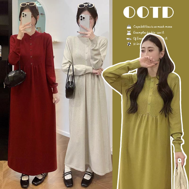 Бременска рокля за кърмене с кръгло деколте, дълги ръкави, А-лине средна дължина, смес полиестер и памук, есен 2024