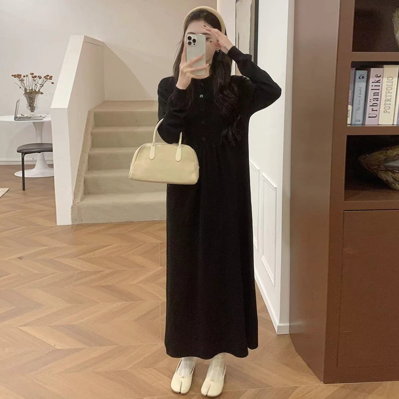 Бременска рокля за кърмене с кръгло деколте, дълги ръкави, А-лине средна дължина, смес полиестер и памук, есен 2024