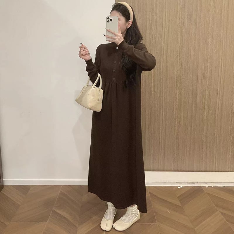 Бременска рокля за кърмене с кръгло деколте, дълги ръкави, А-лине средна дължина, смес полиестер и памук, есен 2024