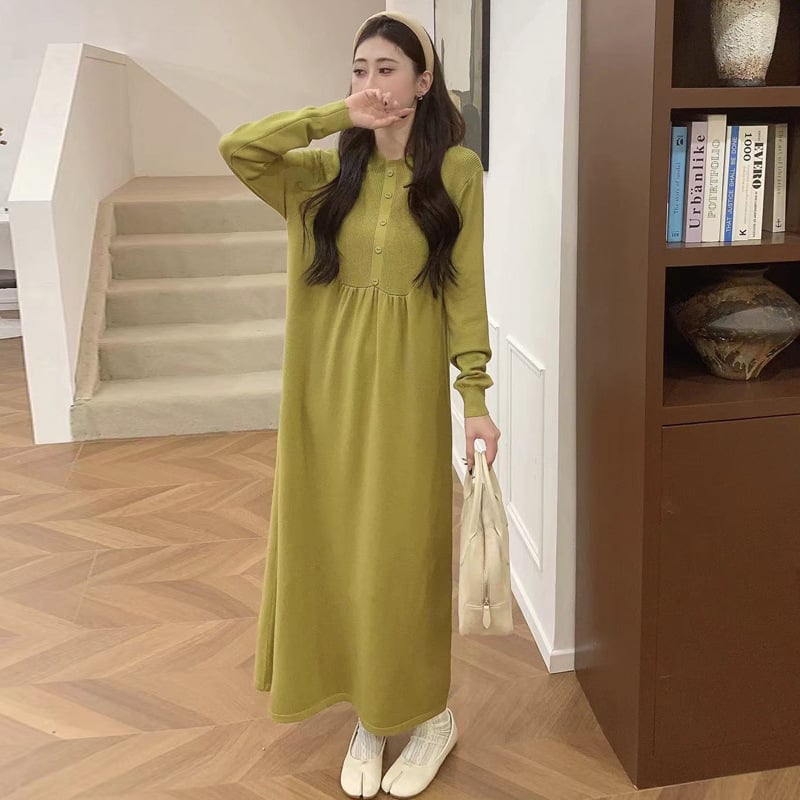 Бременска рокля за кърмене с кръгло деколте, дълги ръкави, А-лине средна дължина, смес полиестер и памук, есен 2024