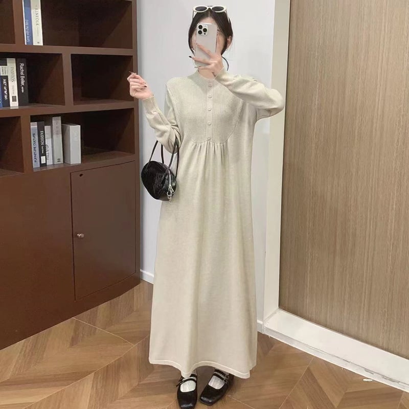 Бременска рокля за кърмене с кръгло деколте, дълги ръкави, А-лине средна дължина, смес полиестер и памук, есен 2024