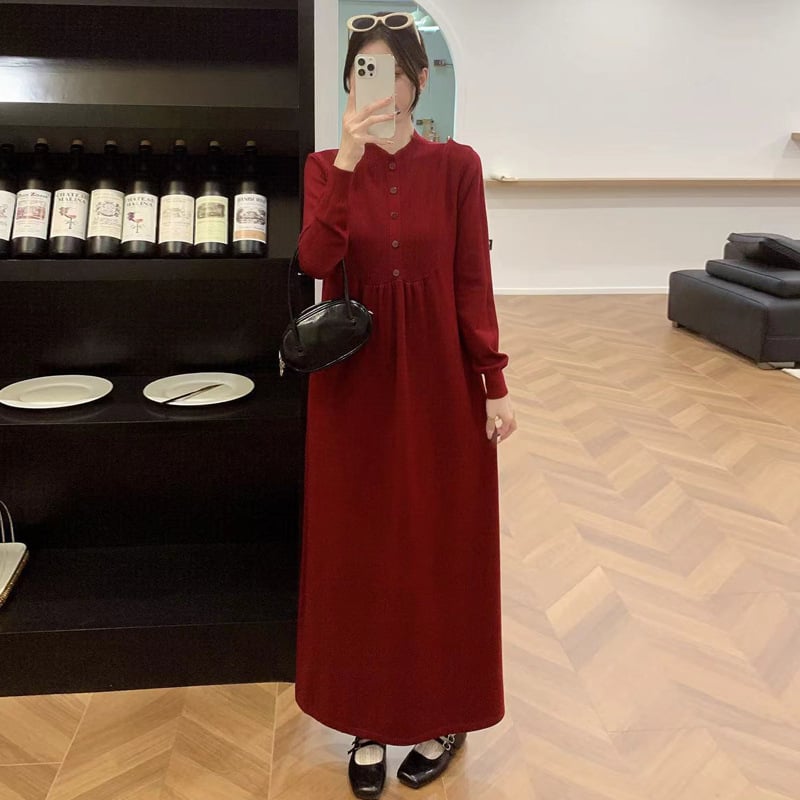 Бременска рокля за кърмене с кръгло деколте, дълги ръкави, А-лине средна дължина, смес полиестер и памук, есен 2024