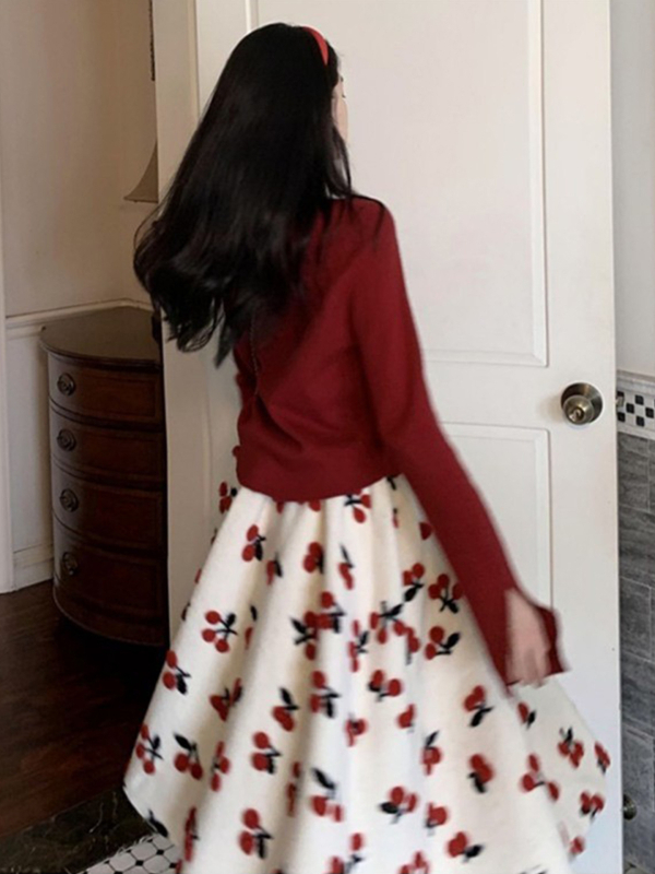 Set za trudnice: haljina i kardigan za jesen-zimu, crveni pleteni print, moderan zimski outfit za Novu godinu, dvodijelni set