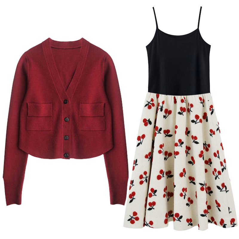 Set za trudnice: haljina i kardigan za jesen-zimu, crveni pleteni print, moderan zimski outfit za Novu godinu, dvodijelni set