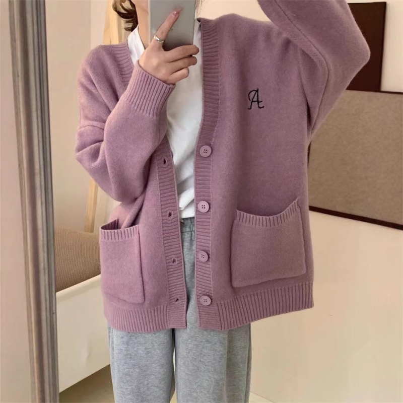 Korejski stil, opušteni kardigan s velikim džepovima, gusta pletenina od akrila i poliestera, V-izrez, dugi rukavi, duljina 50-65 cm