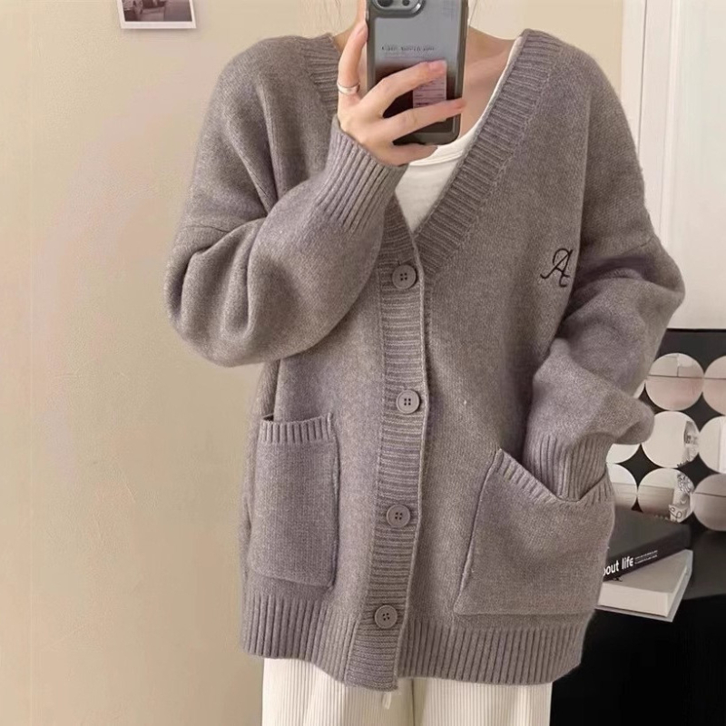 Korejski stil, opušteni kardigan s velikim džepovima, gusta pletenina od akrila i poliestera, V-izrez, dugi rukavi, duljina 50-65 cm