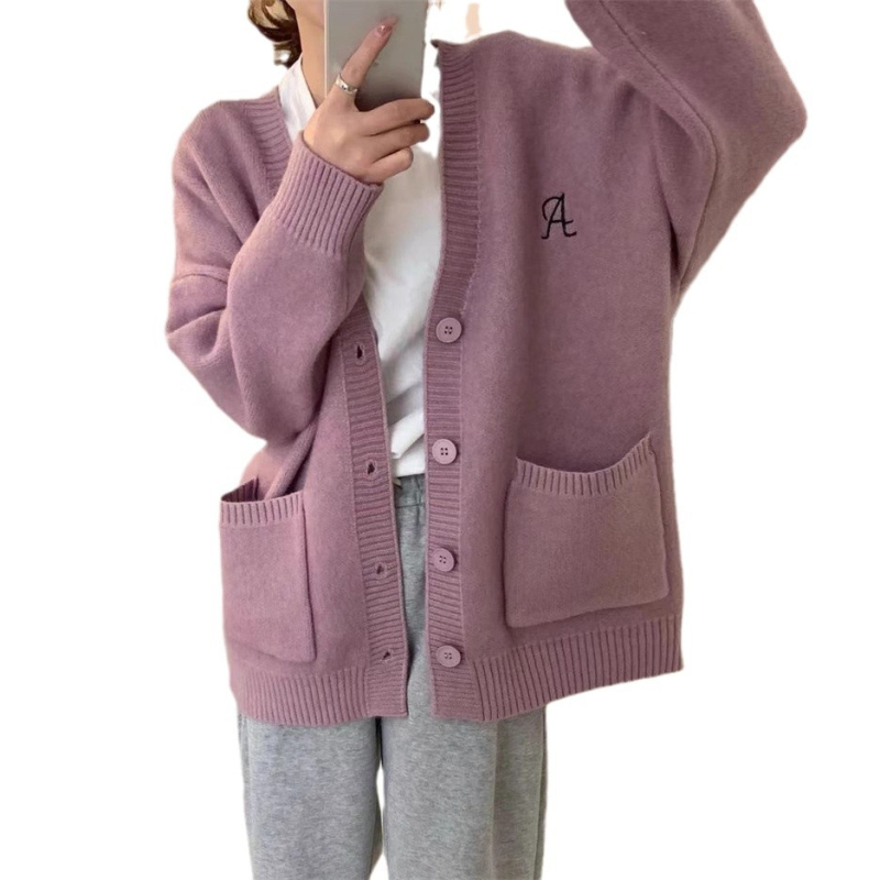 Korejski stil, opušteni kardigan s velikim džepovima, gusta pletenina od akrila i poliestera, V-izrez, dugi rukavi, duljina 50-65 cm