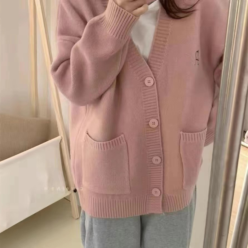 Korejski stil, opušteni kardigan s velikim džepovima, gusta pletenina od akrila i poliestera, V-izrez, dugi rukavi, duljina 50-65 cm