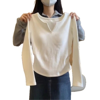 Női pamut slim-fit hosszú ujjú póló, V-nyakú