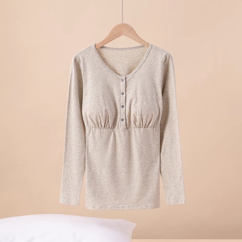 Τοπ εγκυμοσύνης για θηλασμό με μπροστινό κούμπωμα, στρογγυλή λαιμόκοψη, μακριά μανίκια, πλεκτό ύφασμα από 95% βαμβάκι, άνοιγμα θηλασμού