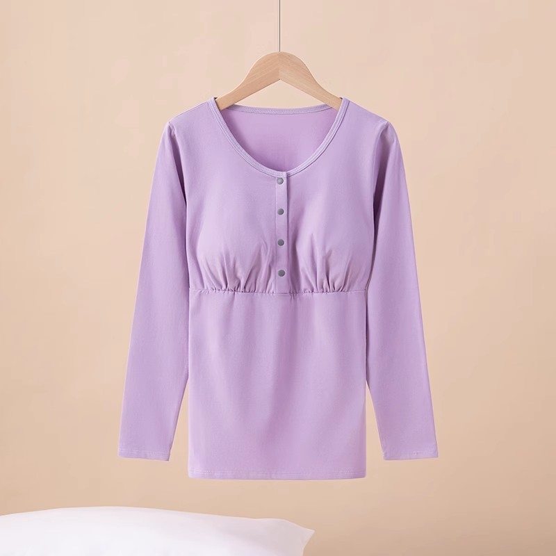 Τοπ εγκυμοσύνης για θηλασμό με μπροστινό κούμπωμα, στρογγυλή λαιμόκοψη, μακριά μανίκια, πλεκτό ύφασμα από 95% βαμβάκι, άνοιγμα θηλασμού