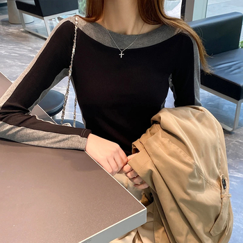 Γυναικεία πλεκτή μπλούζα T‑shirt από βισκόζη, μακριά μανίκια, μονόχρωμη, με λαιμό τύπου γραμμής και στενή εφαρμογή