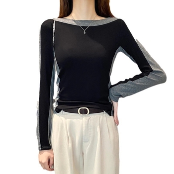 Γυναικεία πλεκτή μπλούζα T‑shirt από βισκόζη, μακριά μανίκια, μονόχρωμη, με λαιμό τύπου γραμμής και στενή εφαρμογή