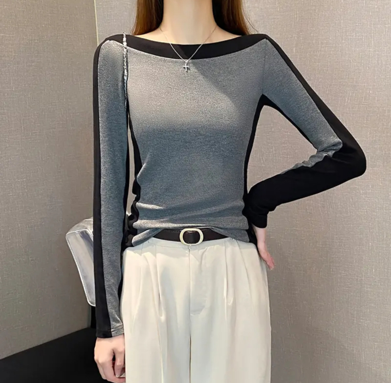 Γυναικεία πλεκτή μπλούζα T‑shirt από βισκόζη, μακριά μανίκια, μονόχρωμη, με λαιμό τύπου γραμμής και στενή εφαρμογή