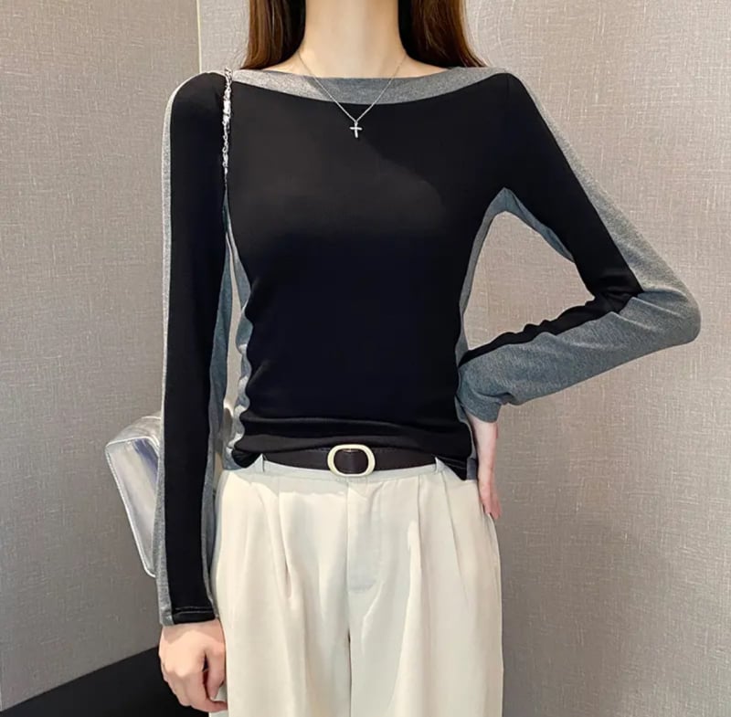 Γυναικεία πλεκτή μπλούζα T‑shirt από βισκόζη, μακριά μανίκια, μονόχρωμη, με λαιμό τύπου γραμμής και στενή εφαρμογή