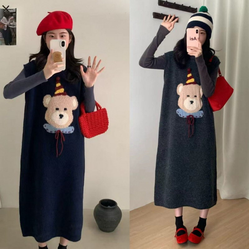 Trudnički kostim sa suknom od pletene tkanine za zimu, dugi rukavi, duga suknja, 95% sadržaj glavnog materijala, street style