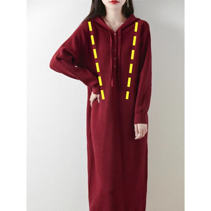 Плетена рокля за бременни с качулка, есенно-зимна, средна дължина, топла и свободна кройка