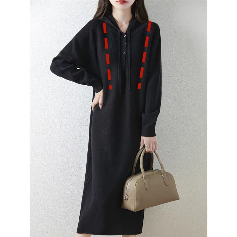 Плетена рокля за бременни с качулка, есенно-зимна, средна дължина, топла и свободна кройка