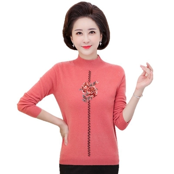 Пуловер от кашмир за жени, с полувисока яка, дълги ръкави, флорална бродерия, дебело плетиво