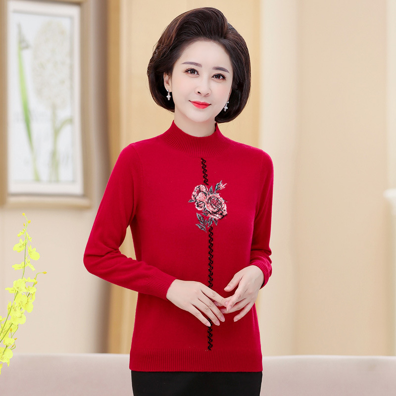 Пуловер от кашмир за жени, с полувисока яка, дълги ръкави, флорална бродерия, дебело плетиво