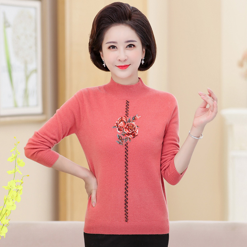 Пуловер от кашмир за жени, с полувисока яка, дълги ръкави, флорална бродерия, дебело плетиво
