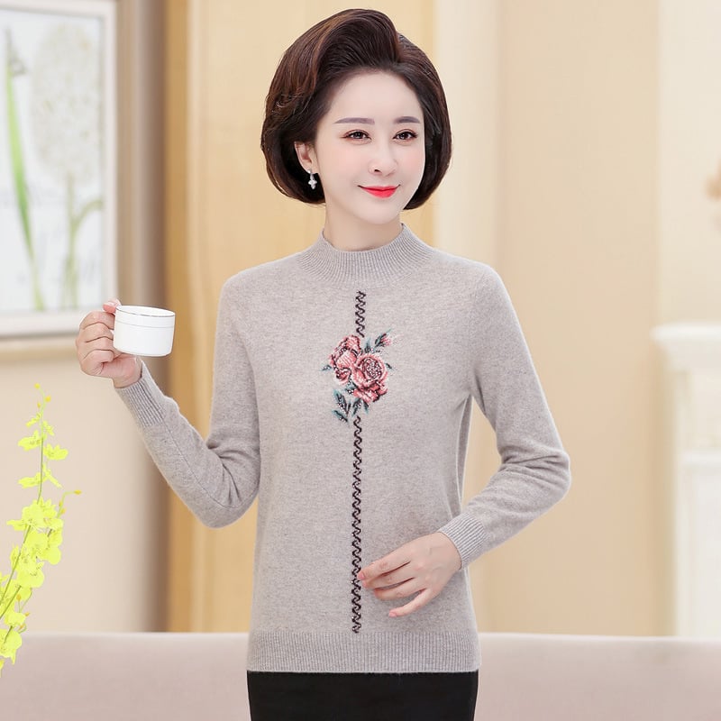 Пуловер от кашмир за жени, с полувисока яка, дълги ръкави, флорална бродерия, дебело плетиво