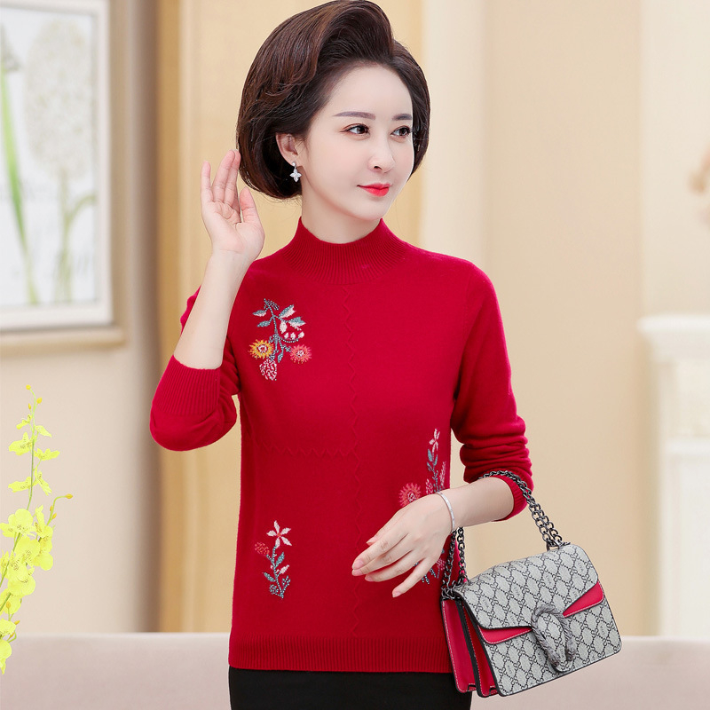 Пуловер от кашмир за жени, с полувисока яка, дълги ръкави, флорална бродерия, дебело плетиво