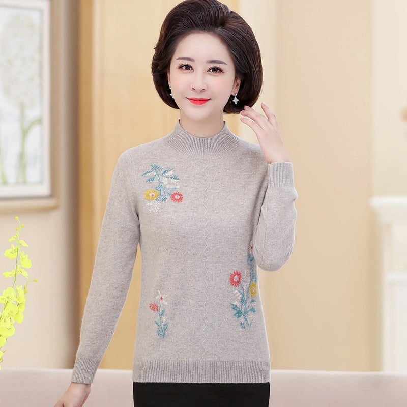 Пуловер от кашмир за жени, с полувисока яка, дълги ръкави, флорална бродерия, дебело плетиво