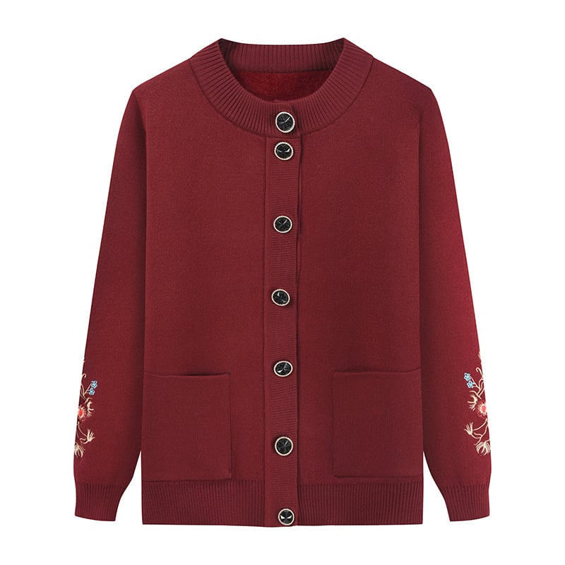 Cardigan tricotat brodat pentru seniori - toamnă/iarnă, poliester, model uni, stil chinezesc