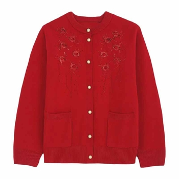 Cardigan tricotat subțire din bumbac mercerizat, cu broderie, guler rotund, mâneci lungi