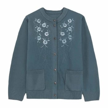 Cardigan tricotat subțire din bumbac mercerizat, cu broderie, guler rotund, mâneci lungi