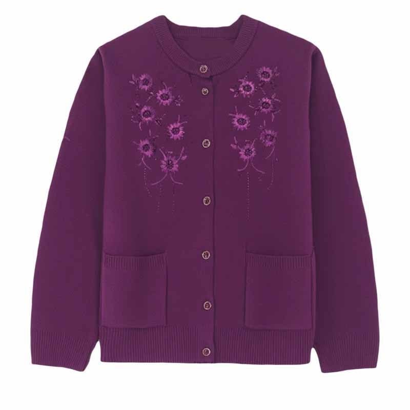 Cardigan tricotat subțire din bumbac mercerizat, cu broderie, guler rotund, mâneci lungi