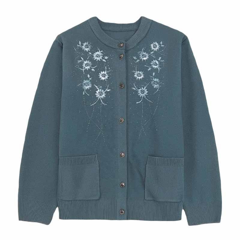 Cardigan tricotat subțire din bumbac mercerizat, cu broderie, guler rotund, mâneci lungi