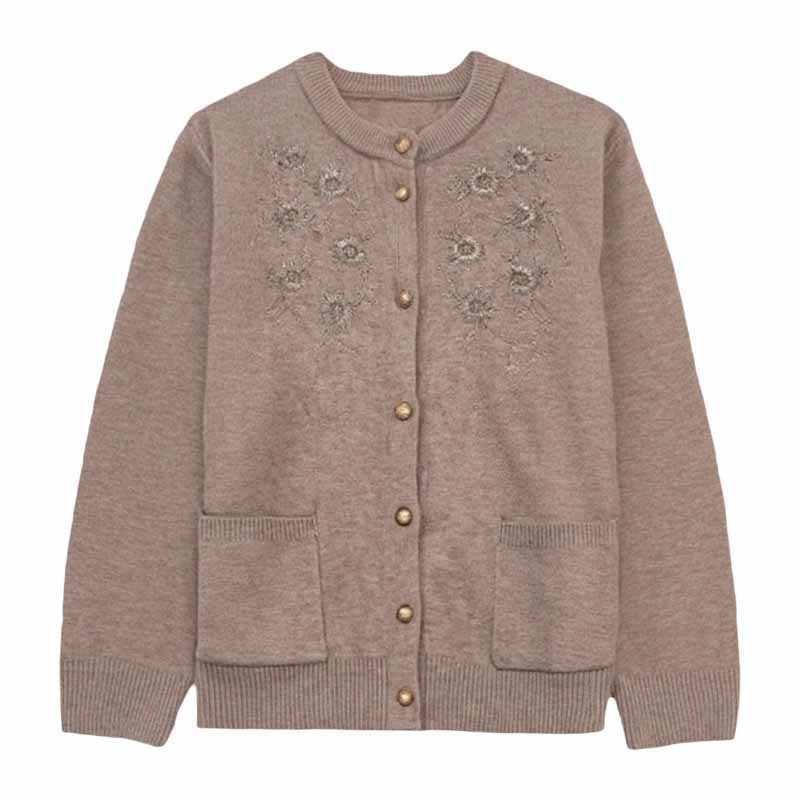 Cardigan tricotat subțire din bumbac mercerizat, cu broderie, guler rotund, mâneci lungi