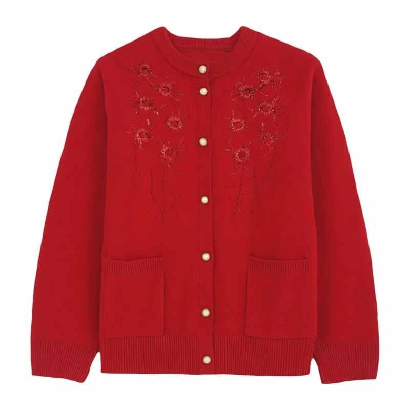 Cardigan tricotat subțire din bumbac mercerizat, cu broderie, guler rotund, mâneci lungi