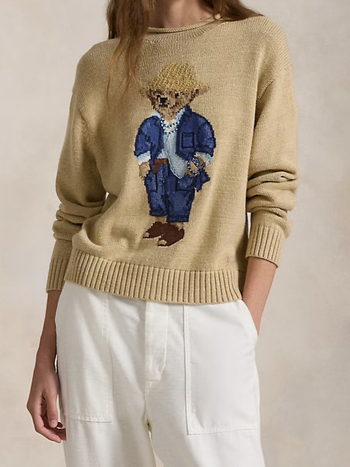 Rajzfilm medve mintás pulóver kapucnival, magas gallérral, karcsúsított szabású, poliészter kötött