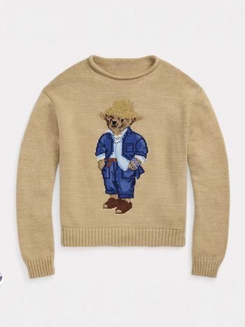 Rajzfilm medve mintás pulóver kapucnival, magas gallérral, karcsúsított szabású, poliészter kötött