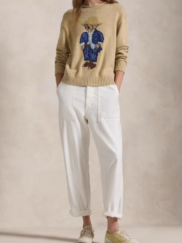 Rajzfilm medve mintás pulóver kapucnival, magas gallérral, karcsúsított szabású, poliészter kötött