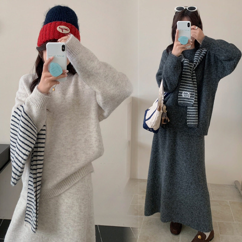 Kismama őszi-téli háromrészes készlet: hosszú ujjú kötött pulóver és hosszú szoknya, elegáns koreai stílus, anyag akril és poliészter