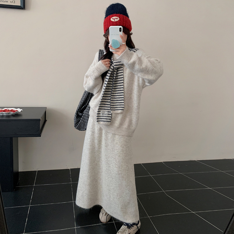 Kismama őszi-téli háromrészes készlet: hosszú ujjú kötött pulóver és hosszú szoknya, elegáns koreai stílus, anyag akril és poliészter