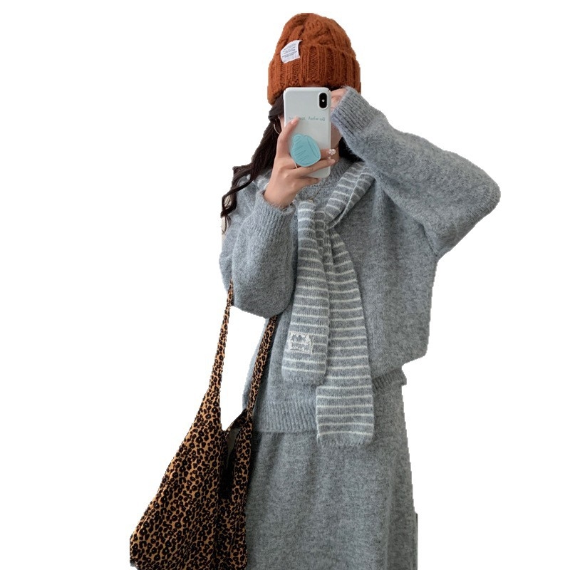 Kismama őszi-téli háromrészes készlet: hosszú ujjú kötött pulóver és hosszú szoknya, elegáns koreai stílus, anyag akril és poliészter