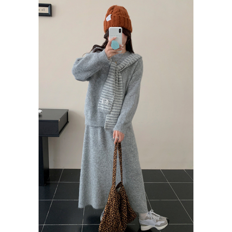 Kismama őszi-téli háromrészes készlet: hosszú ujjú kötött pulóver és hosszú szoknya, elegáns koreai stílus, anyag akril és poliészter