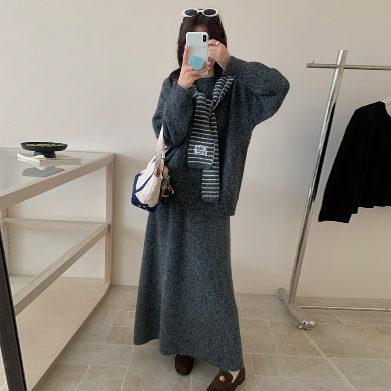 Kismama őszi-téli háromrészes készlet: hosszú ujjú kötött pulóver és hosszú szoknya, elegáns koreai stílus, anyag akril és poliészter