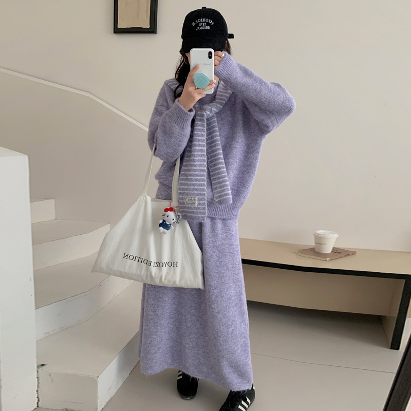 Kismama őszi-téli háromrészes készlet: hosszú ujjú kötött pulóver és hosszú szoknya, elegáns koreai stílus, anyag akril és poliészter