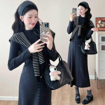 Плетена рокля за бременни, кръгло деколте, дълги ръкави, вискозно влакно 95%+, средна дължина, А-линия