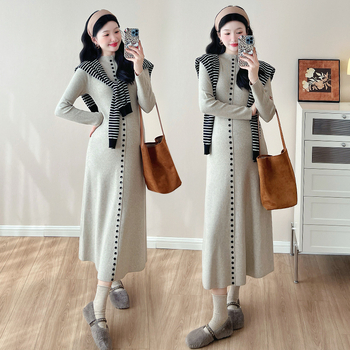 Плетена рокля за бременни, кръгло деколте, дълги ръкави, вискозно влакно 95%+, средна дължина, А-линия