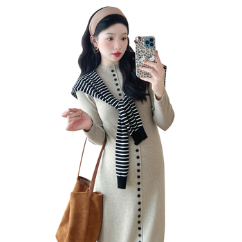 Плетена рокля за бременни, кръгло деколте, дълги ръкави, вискозно влакно 95%+, средна дължина, А-линия