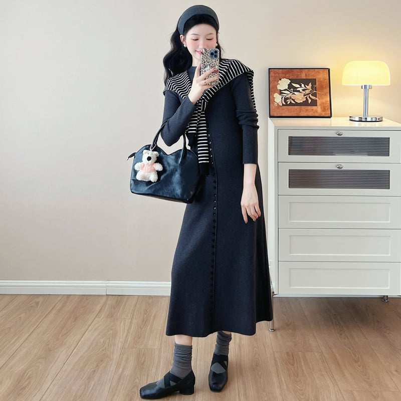 Плетена рокля за бременни, кръгло деколте, дълги ръкави, вискозно влакно 95%+, средна дължина, А-линия