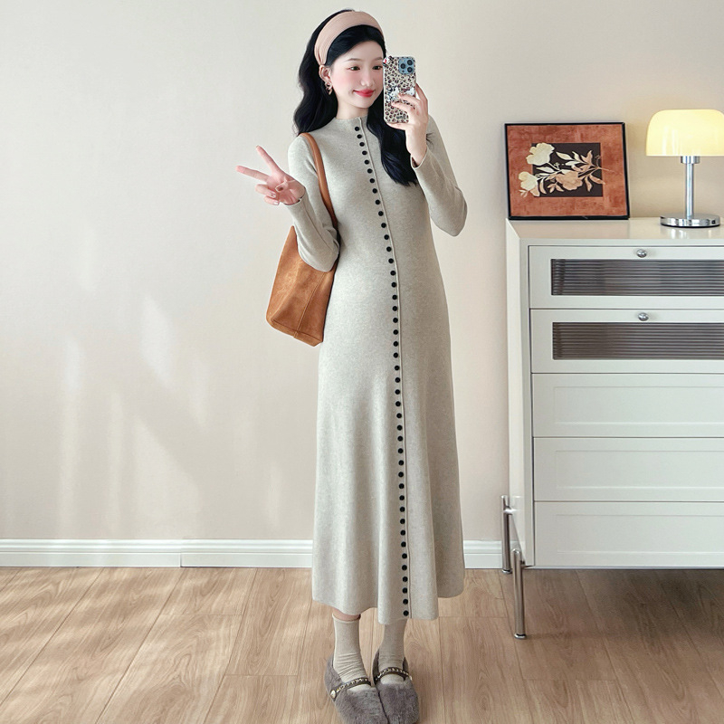 Плетена рокля за бременни, кръгло деколте, дълги ръкави, вискозно влакно 95%+, средна дължина, А-линия