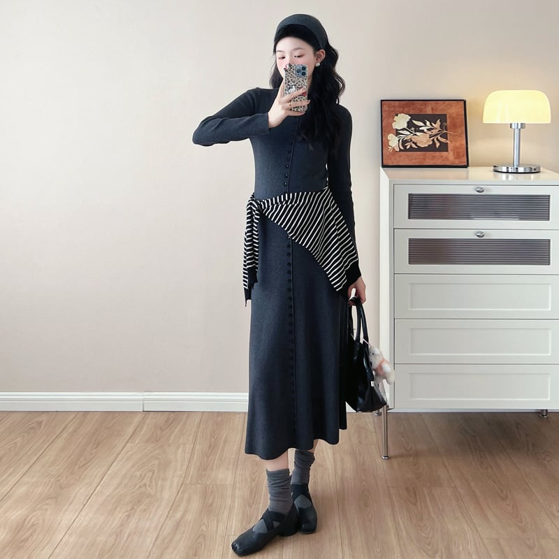 Плетена рокля за бременни, кръгло деколте, дълги ръкави, вискозно влакно 95%+, средна дължина, А-линия